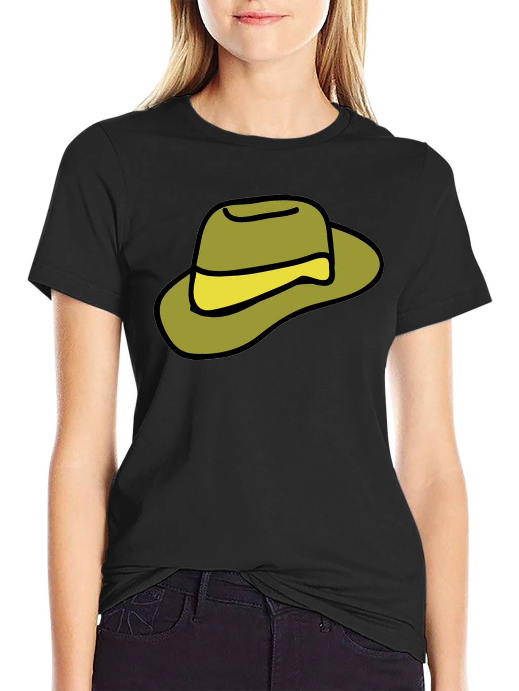 Cartoon Hat Graphic Tee - Casual Black T-Shirt