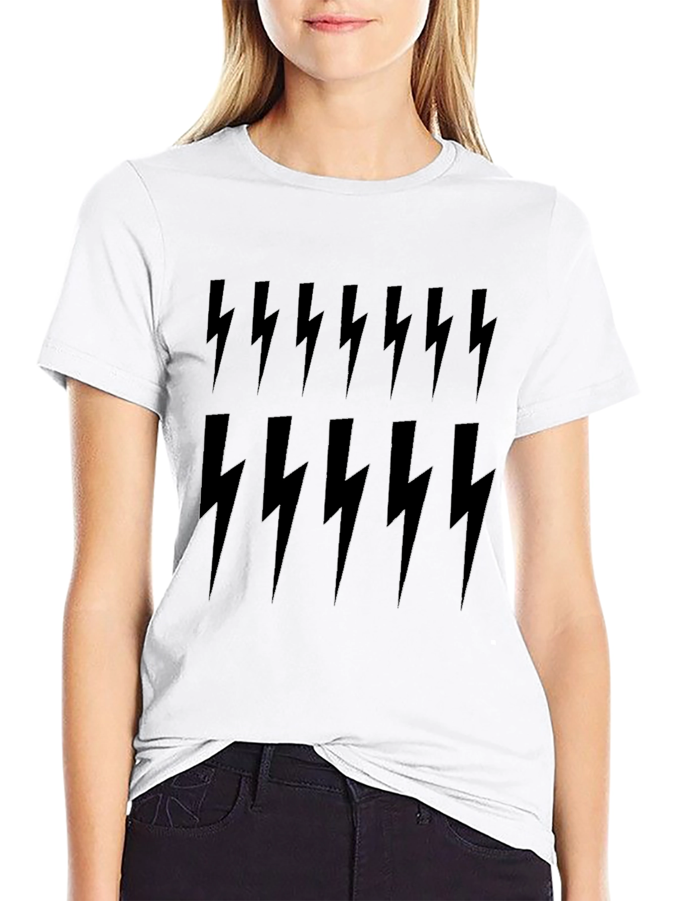 Lightning Bolt Print Tee - Black Cotton Casual