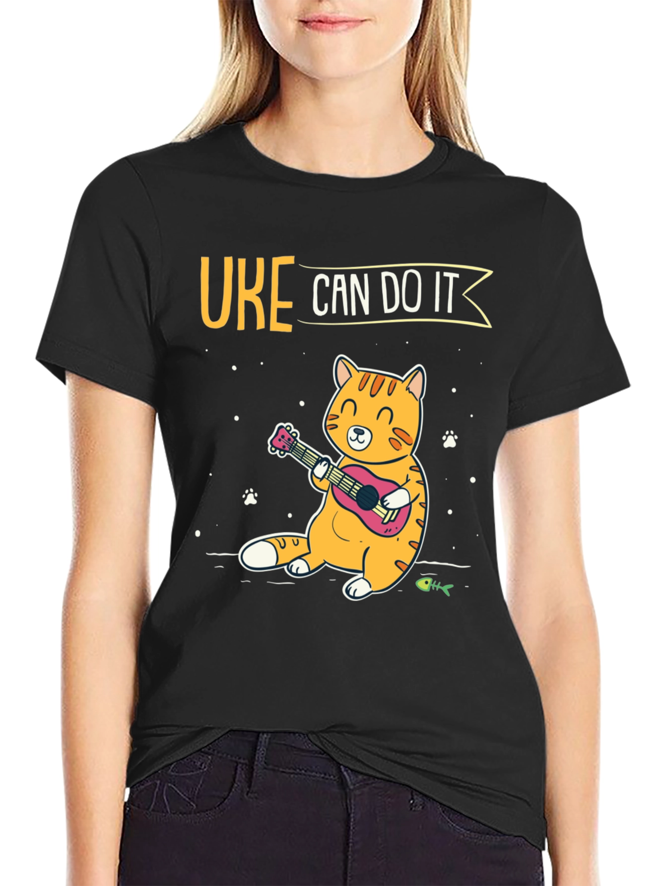 Uke Can Do It Black T-Shirt - Cat Playing Ukulele
