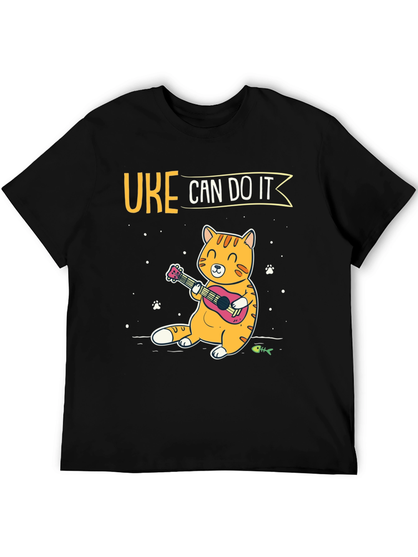 Uke Can Do It Black T-Shirt - Cat Playing Ukulele