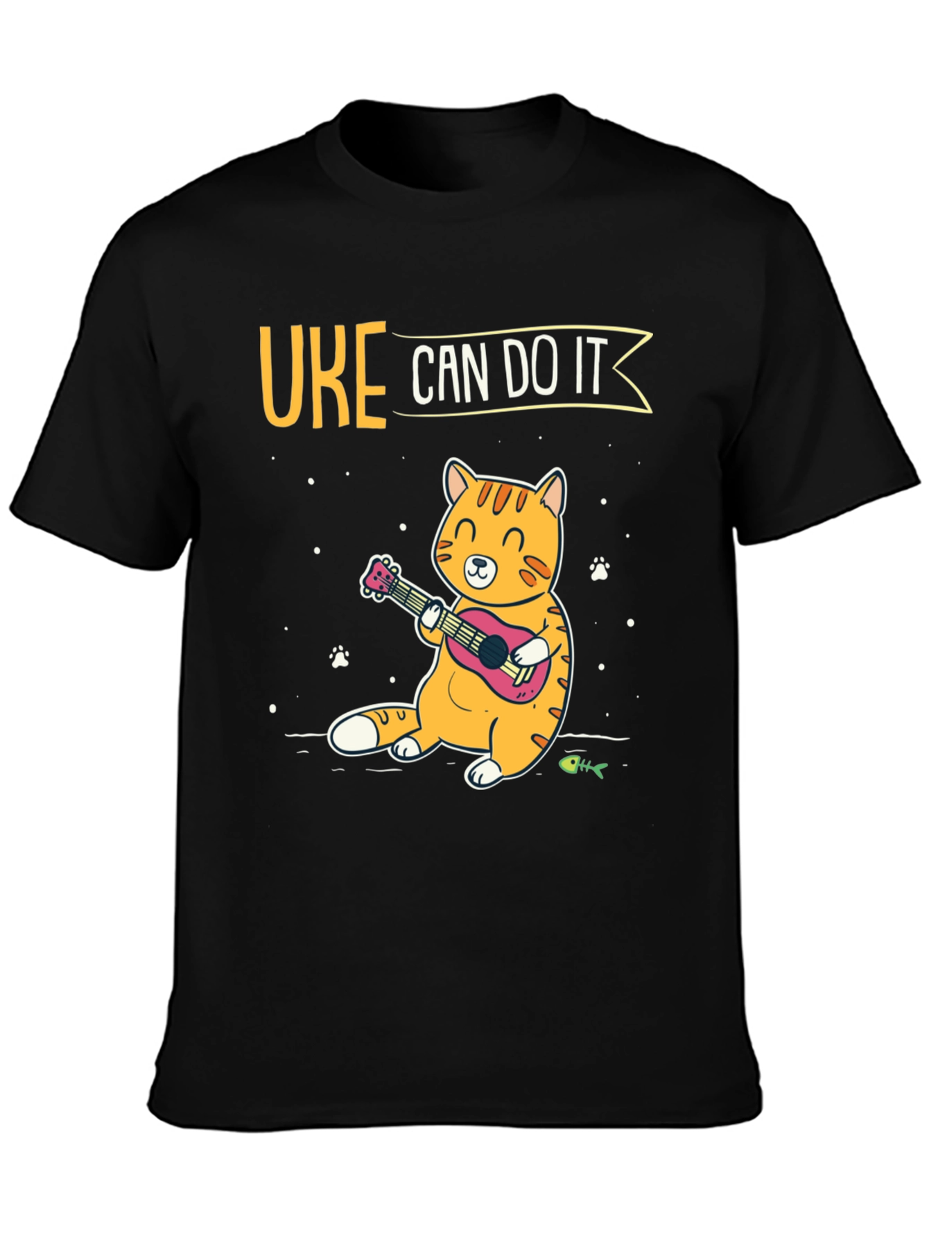Uke Can Do It Black T-Shirt - Cat Playing Ukulele