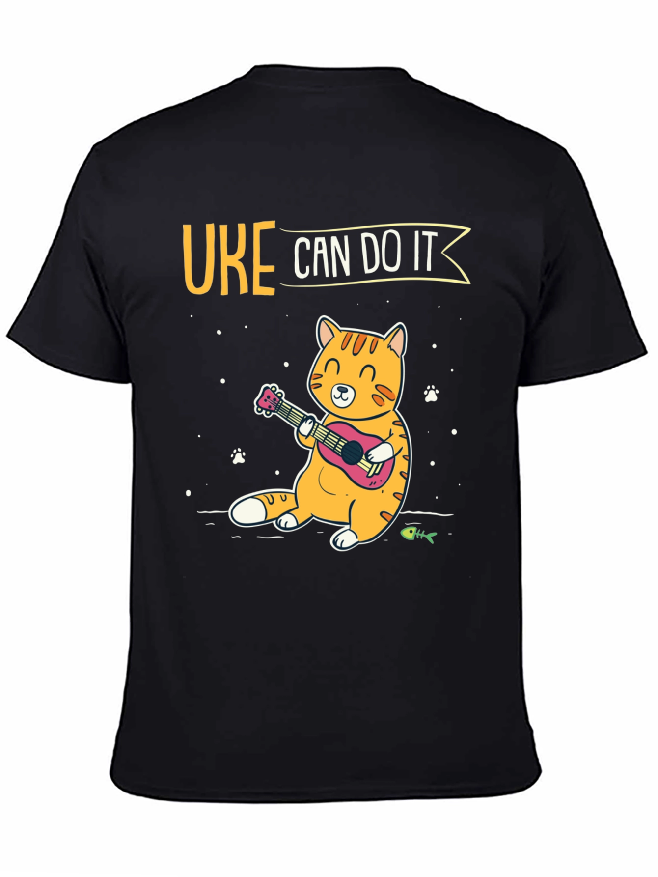 Uke Can Do It Black T-Shirt - Cat Playing Ukulele