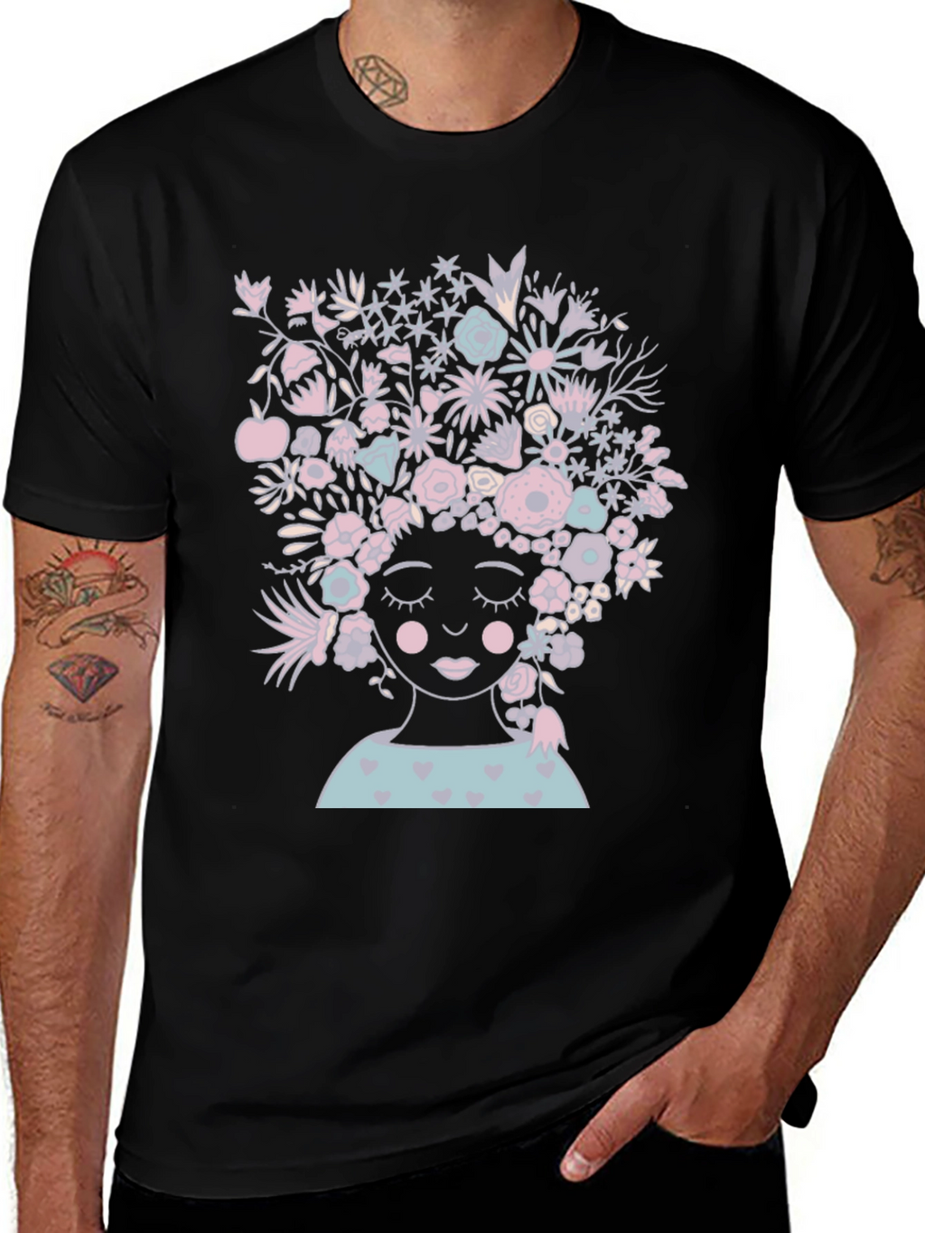 Floral Woman Graphic Tee - Black Cotton T-Shirt