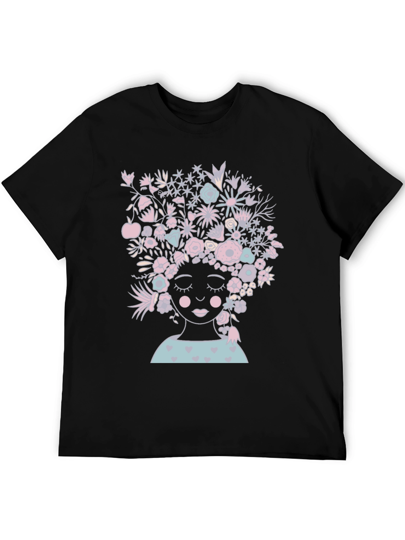 Floral Woman Graphic Tee - Black Cotton T-Shirt