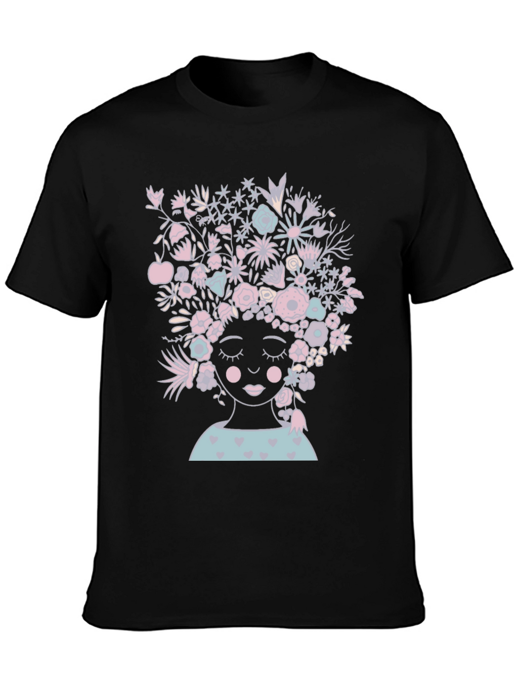 Floral Woman Graphic Tee - Black Cotton T-Shirt
