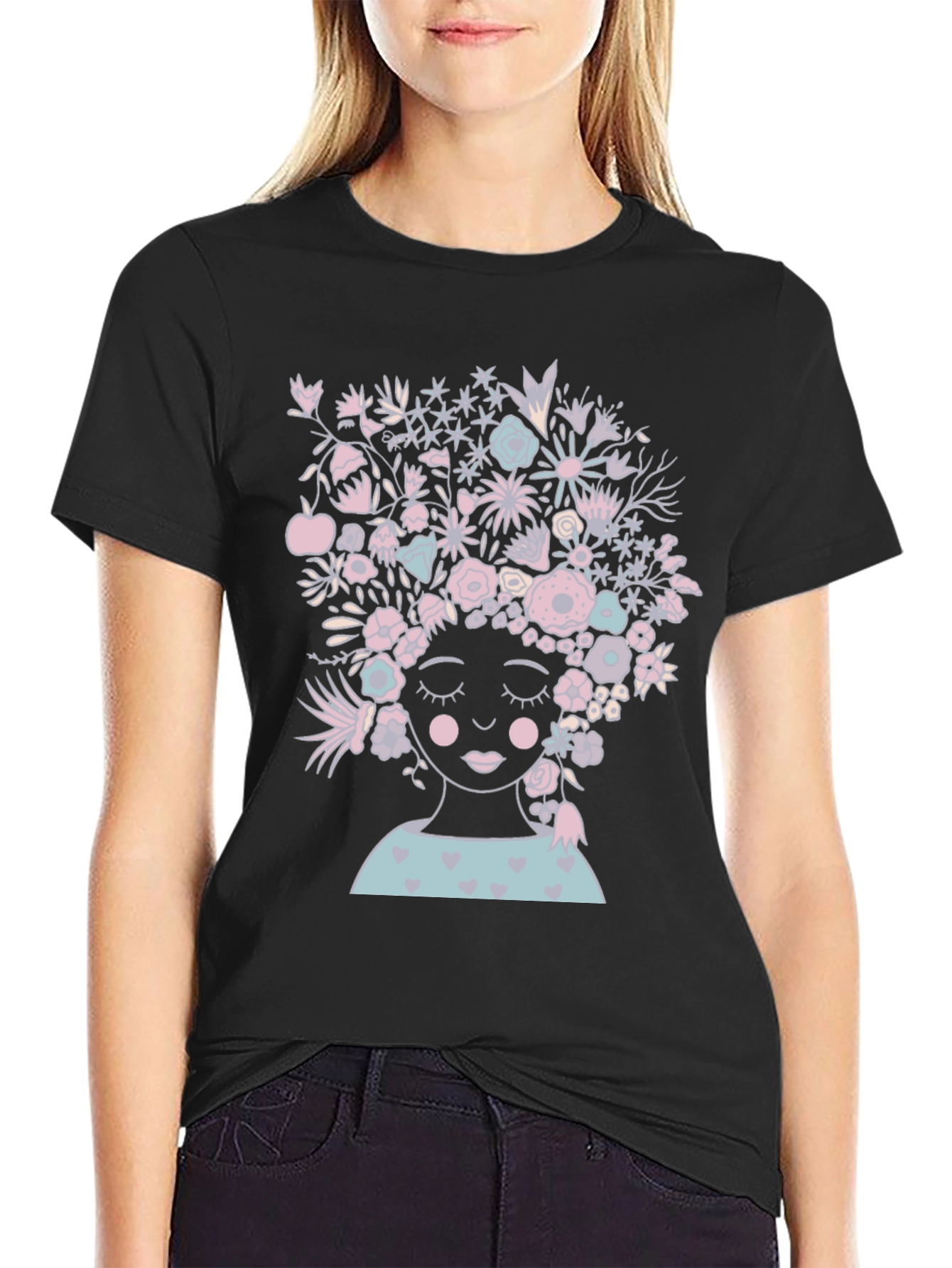 Floral Woman Graphic Tee - Black Cotton T-Shirt