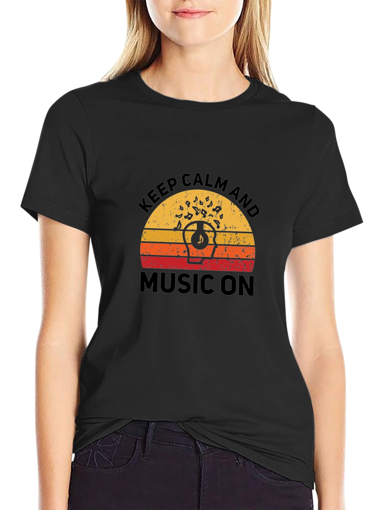 Keep Calm & Music On Tee - Retro Sunset Graphic