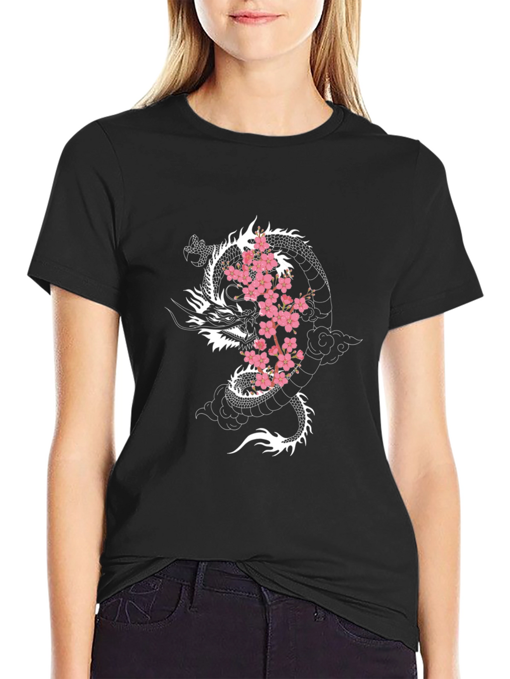 Dragon & Cherry Blossom Graphic Black T-Shirt