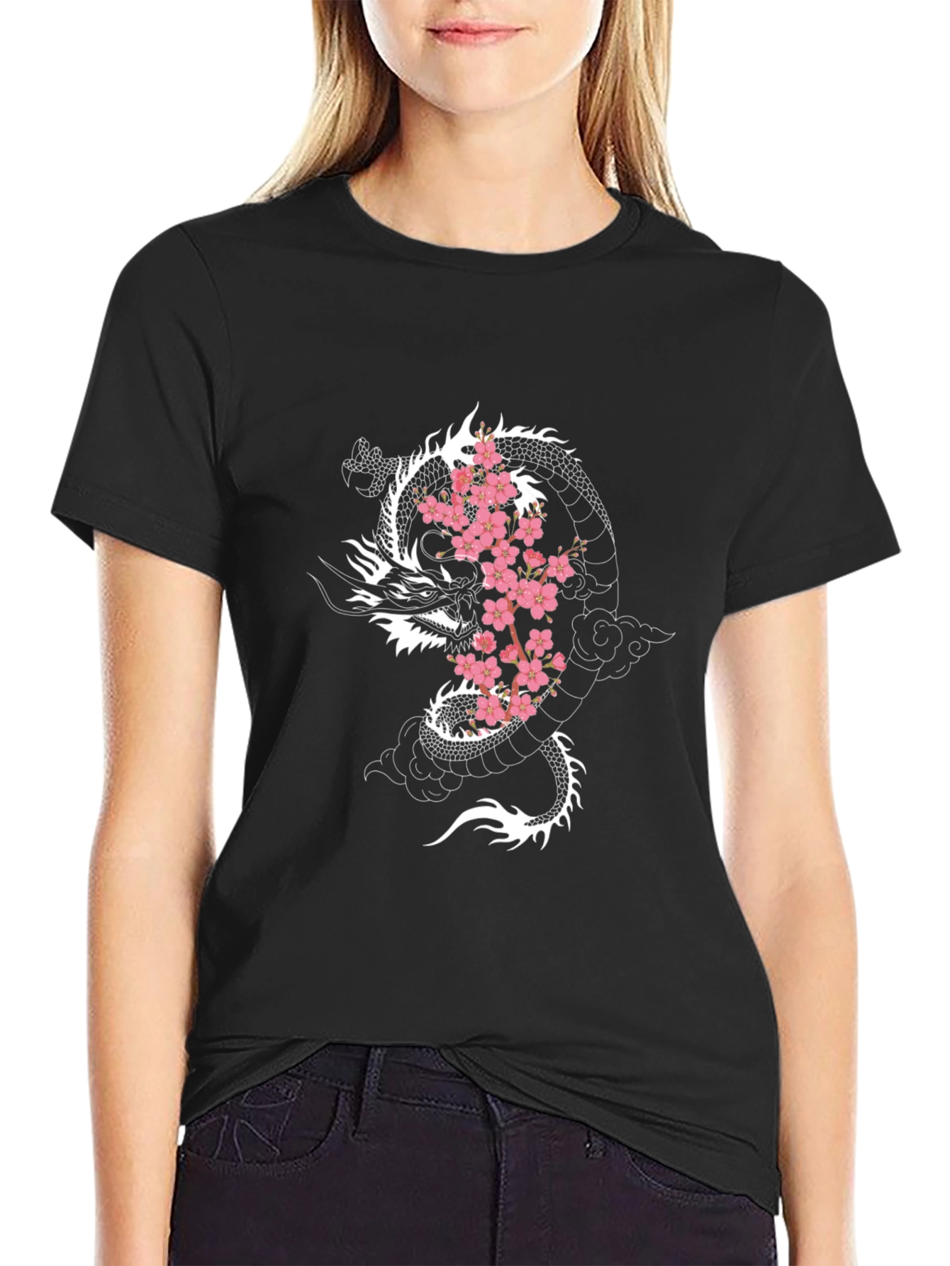 Dragon & Cherry Blossom Graphic Black T-Shirt