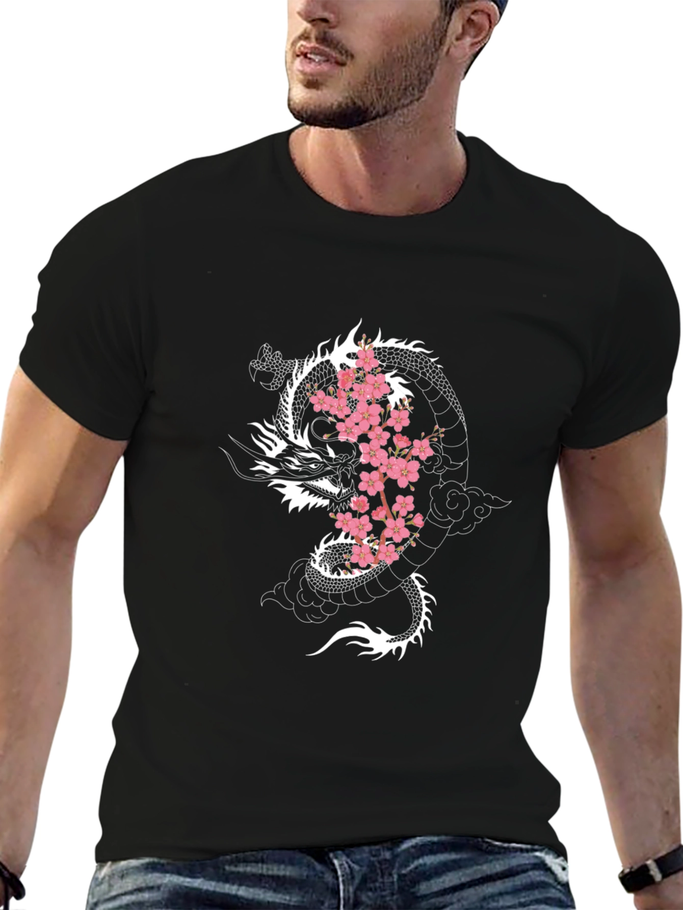 Dragon & Cherry Blossom Graphic Black T-Shirt