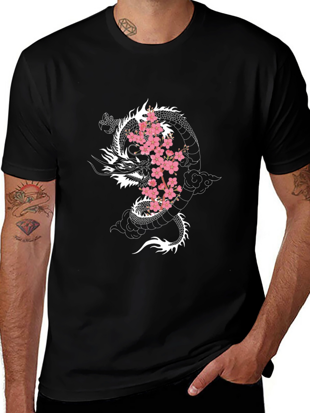 Dragon & Cherry Blossom Graphic Black T-Shirt