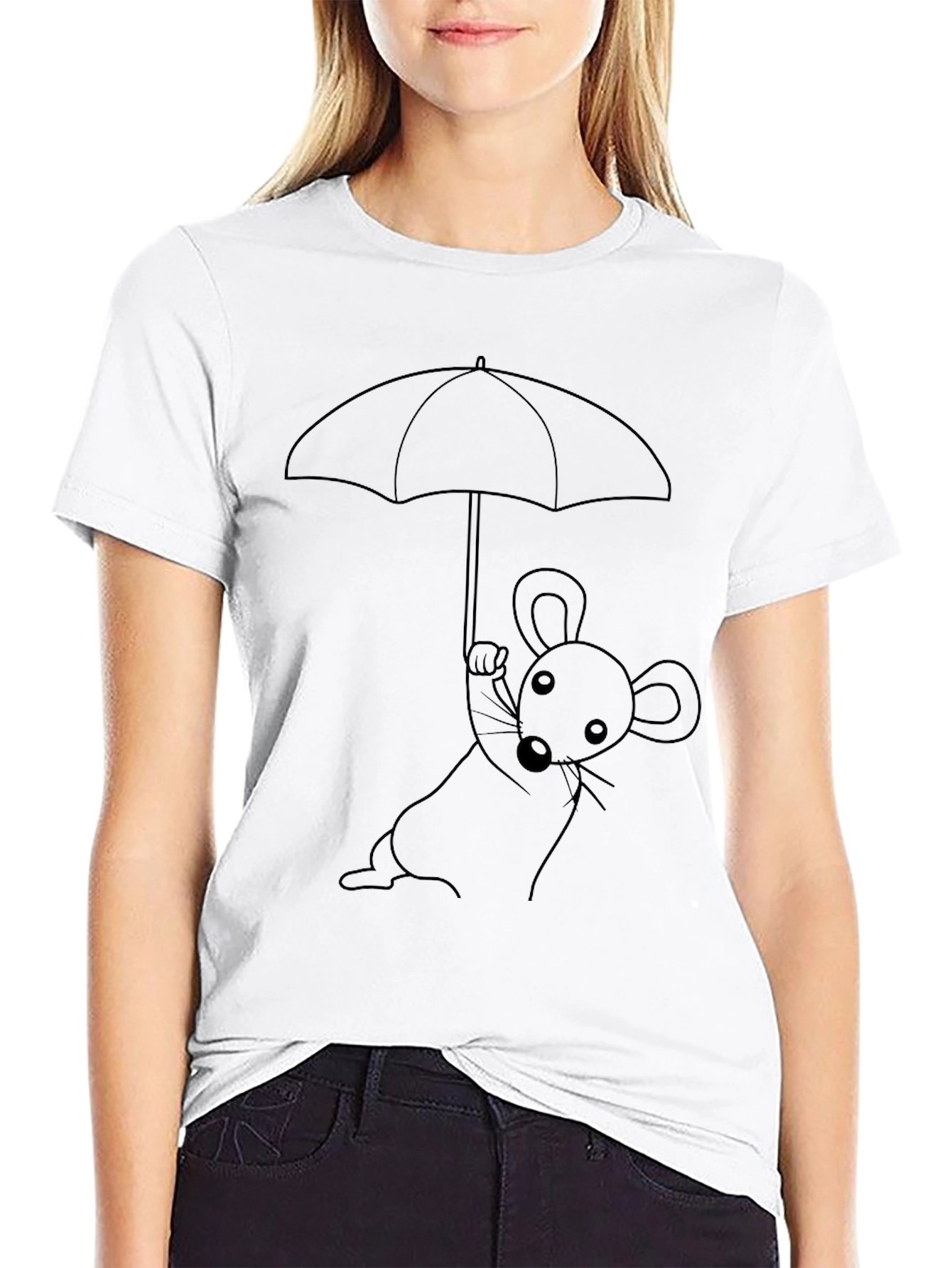 Whimsical Mouse Under Umbrella Graphic T-Shirt