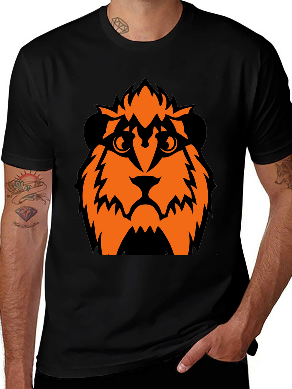 Orange Lion Graphic Black T-Shirt