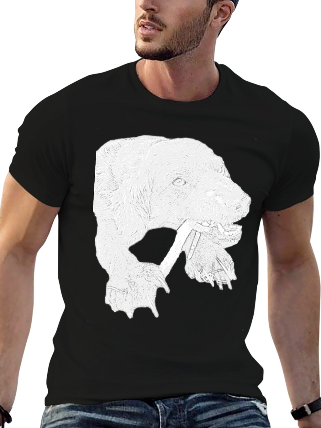 Bear Graphic Print Crew Neck T-Shirt - Black