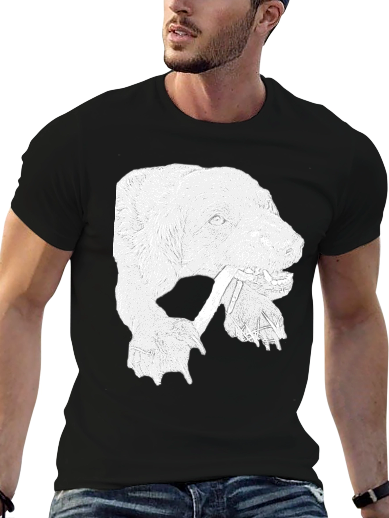 Bear Graphic Print Crew Neck T-Shirt - Black