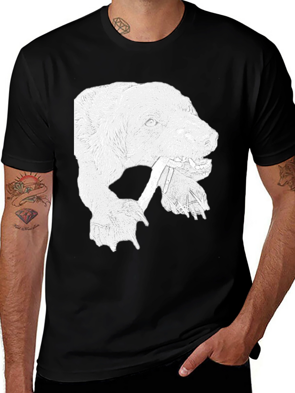 Bear Graphic Print Crew Neck T-Shirt - Black
