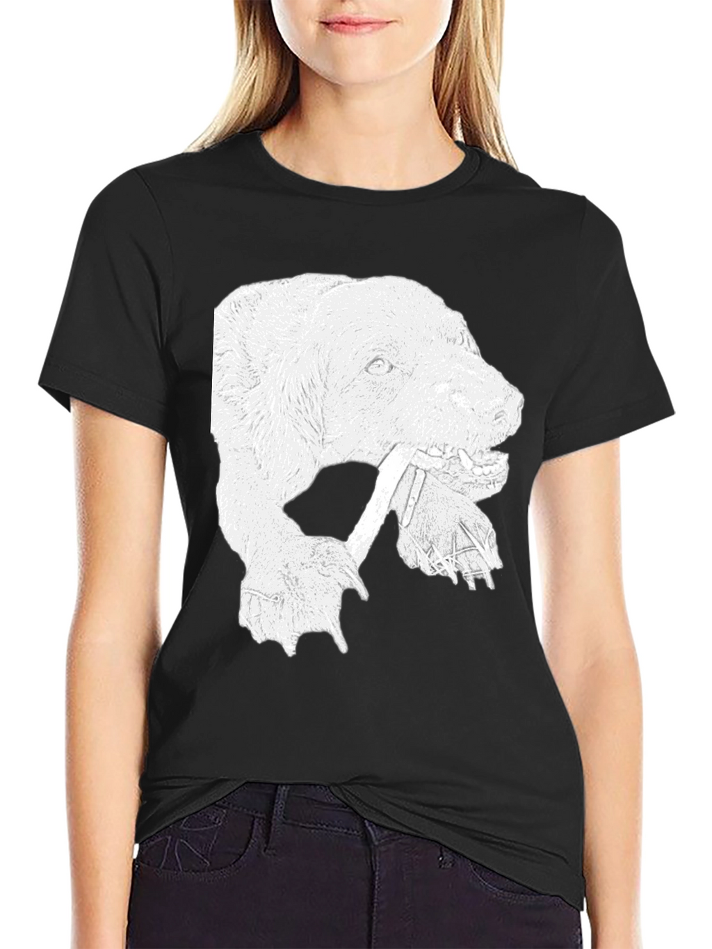 Bear Graphic Print Crew Neck T-Shirt - Black