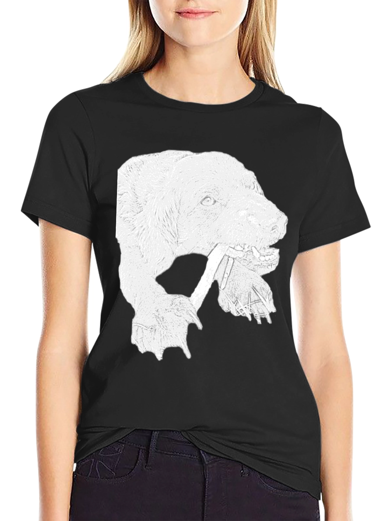 Bear Graphic Print Crew Neck T-Shirt - Black
