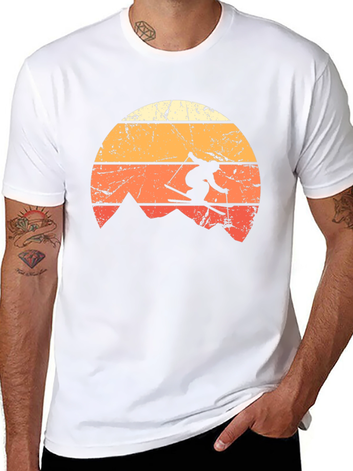 Retro Skiing T-Shirt - Vintage Mountain Sunset Design