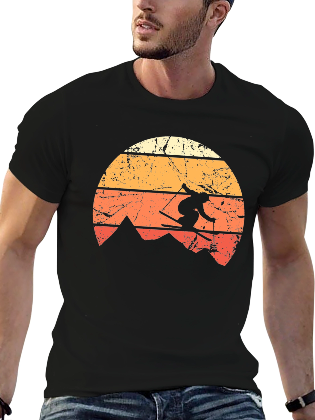 Retro Skiing T-Shirt - Vintage Mountain Sunset Design