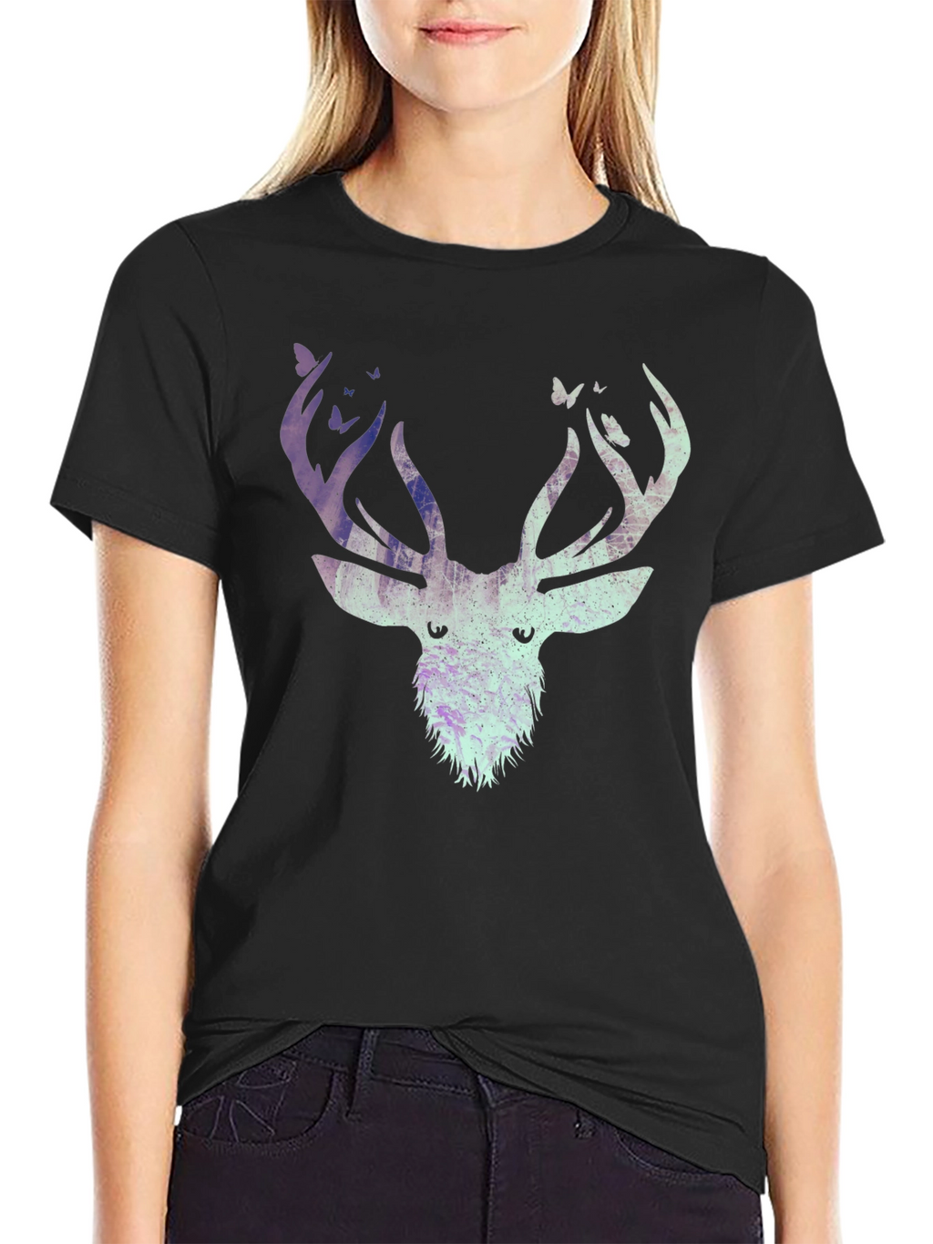 Deer & Butterfly Graphic Tee - Black