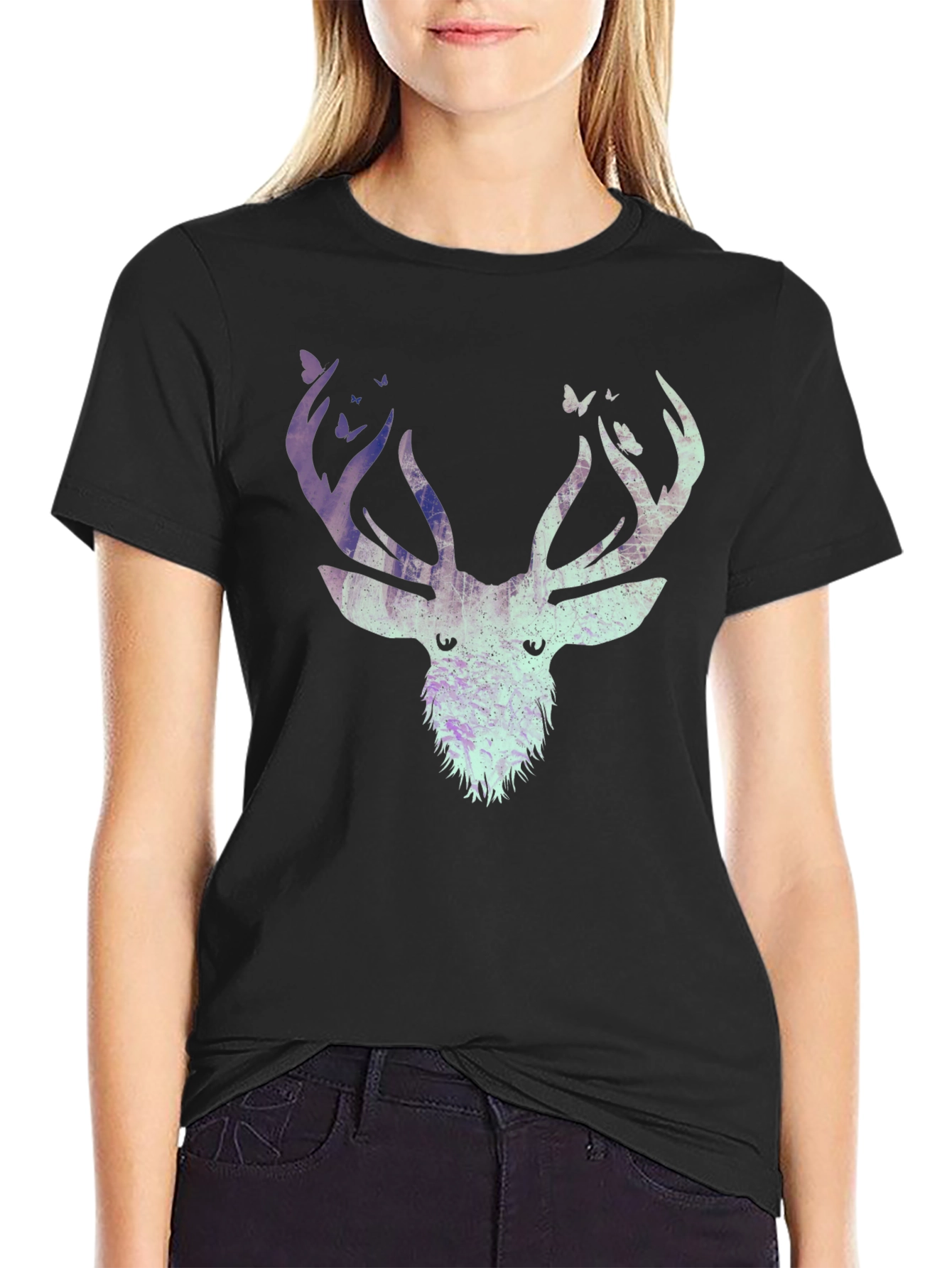 Deer & Butterfly Graphic Tee - Black