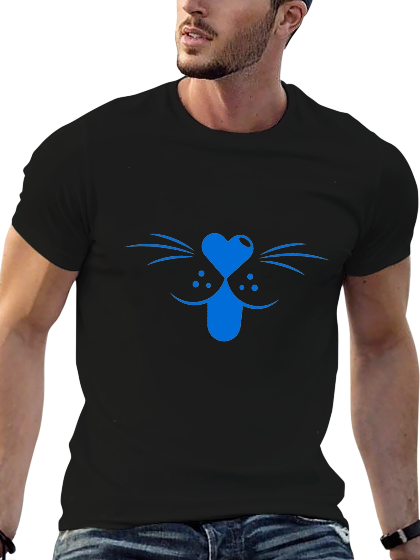 Blue Cat Face Graphic Tee - Black Cotton T-Shirt