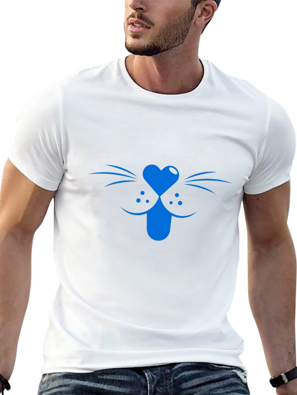 Blue Cat Face Graphic Tee - Black Cotton T-Shirt