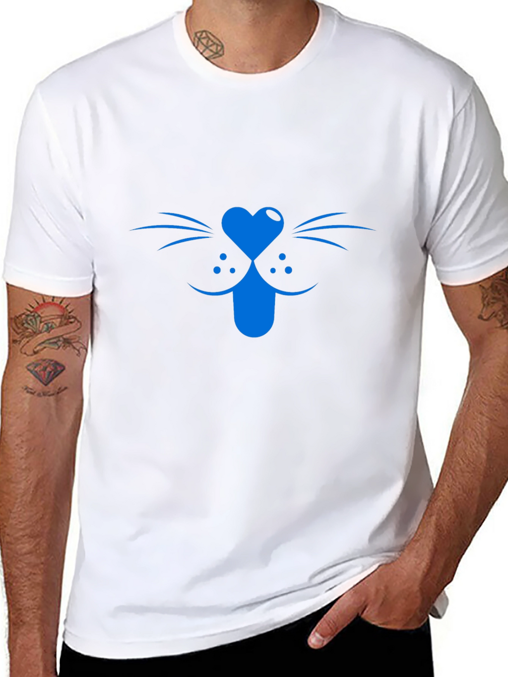 Blue Cat Face Graphic Tee - Black Cotton T-Shirt