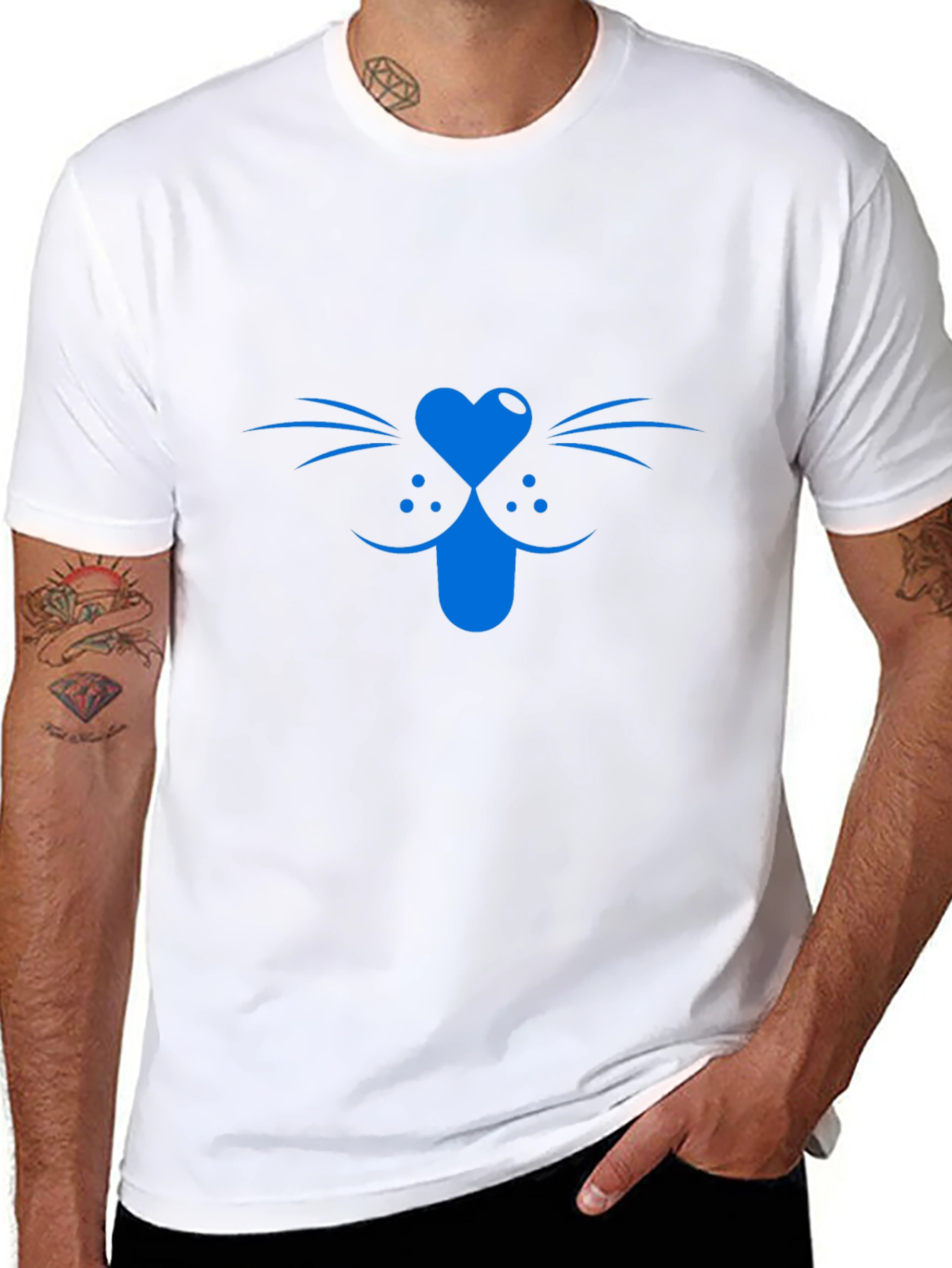 Blue Cat Face Graphic Tee - Black Cotton T-Shirt