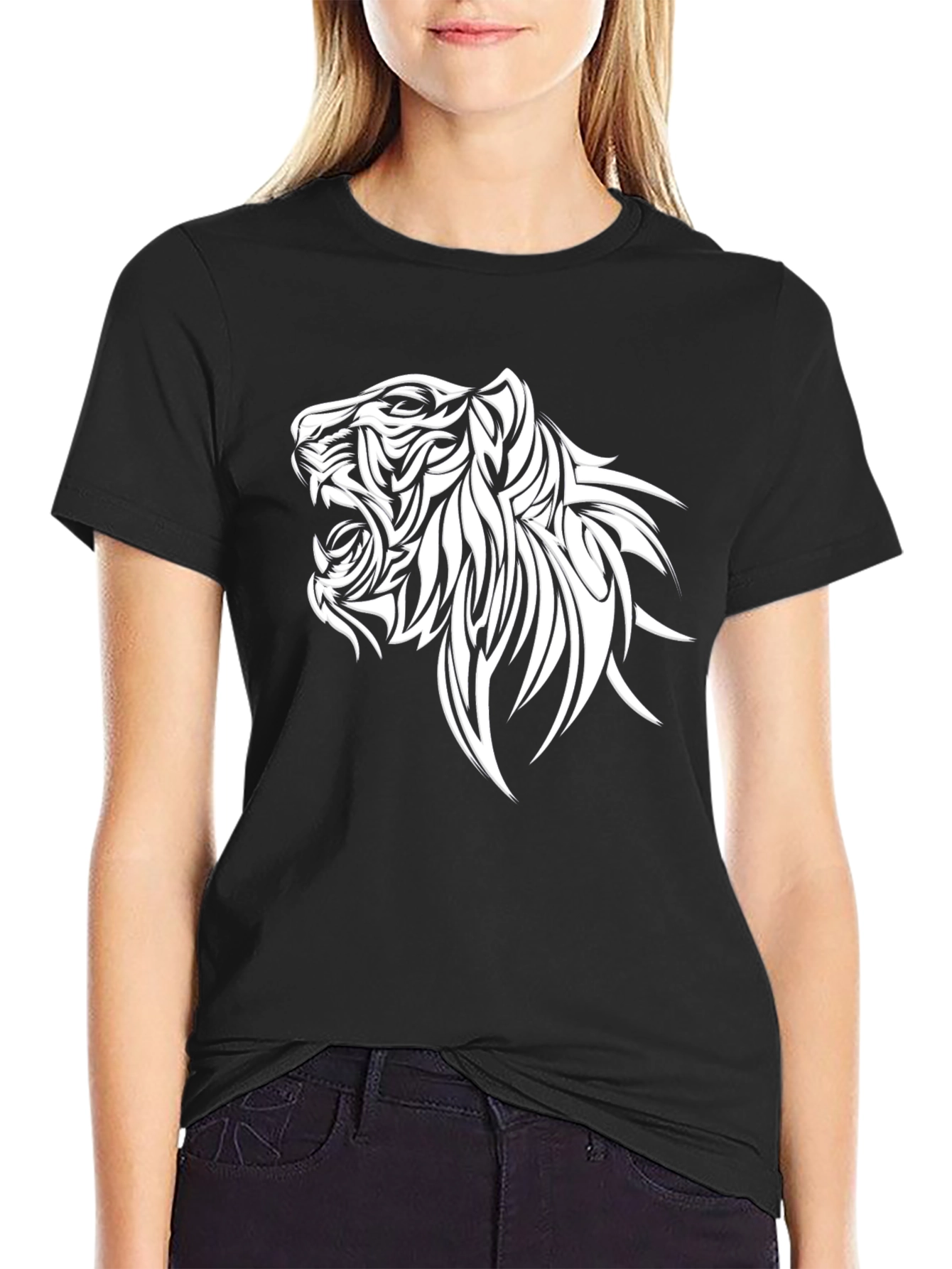 Black Tee with Tribal Tiger Graphic Print