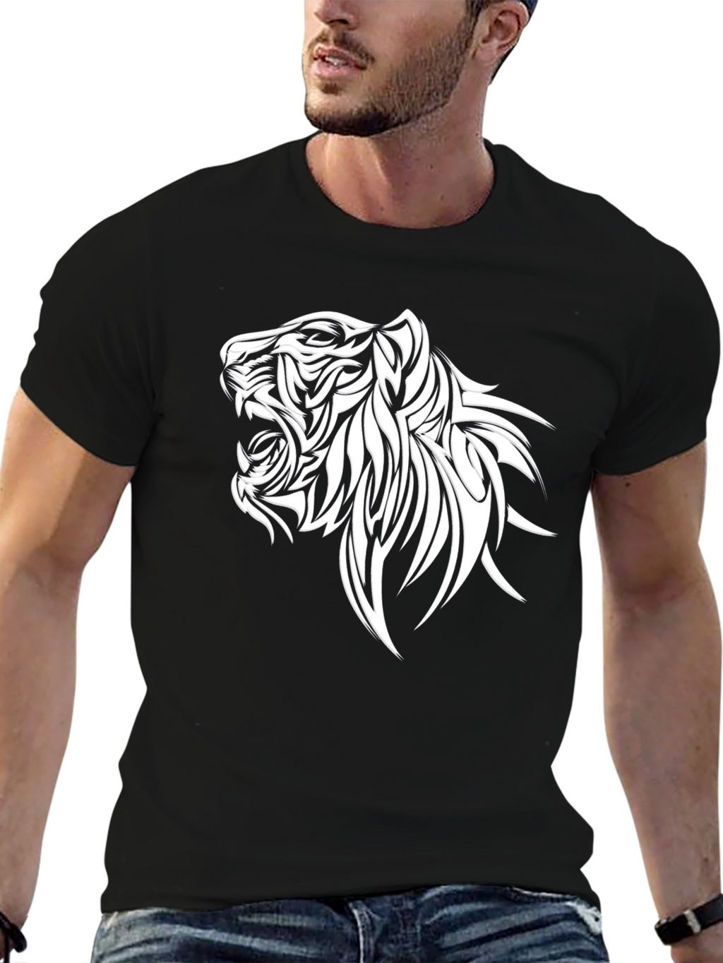 Black Tee with Tribal Tiger Graphic Print