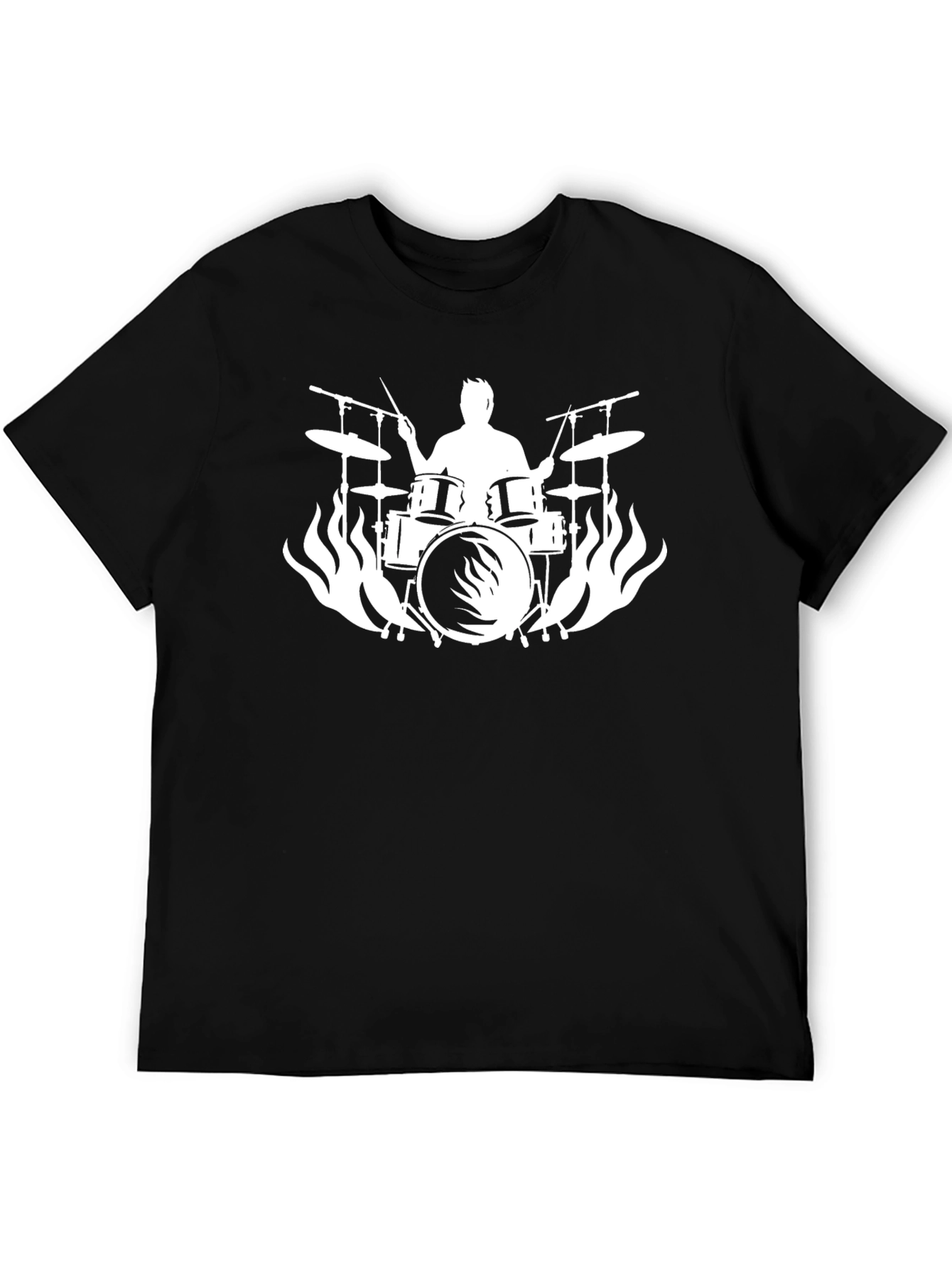 Drummer Silhouette Flames Graphic Tee - Rocker Style Shirt