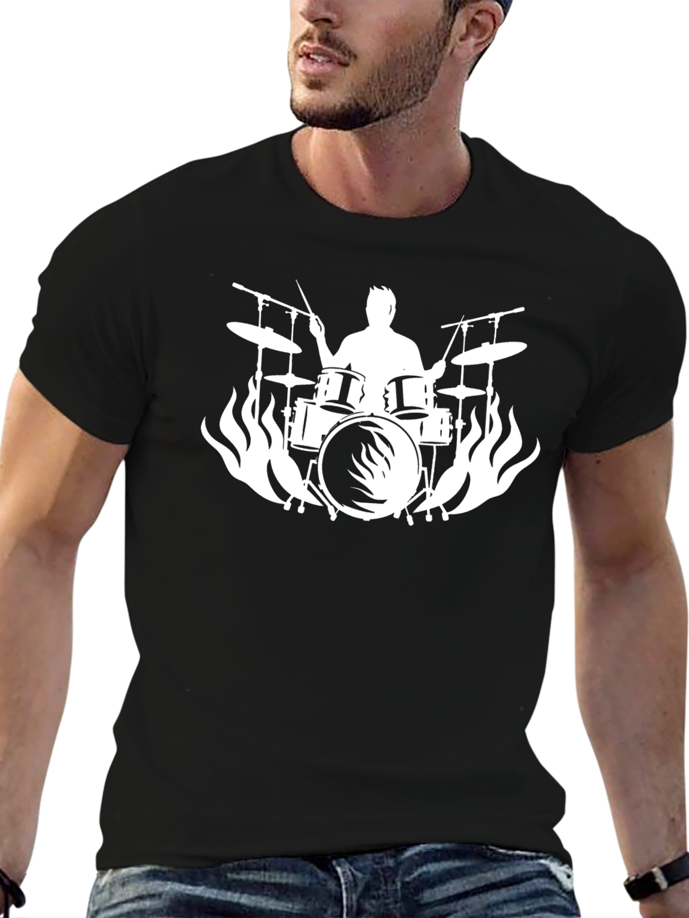 Drummer Silhouette Flames Graphic Tee - Rocker Style Shirt