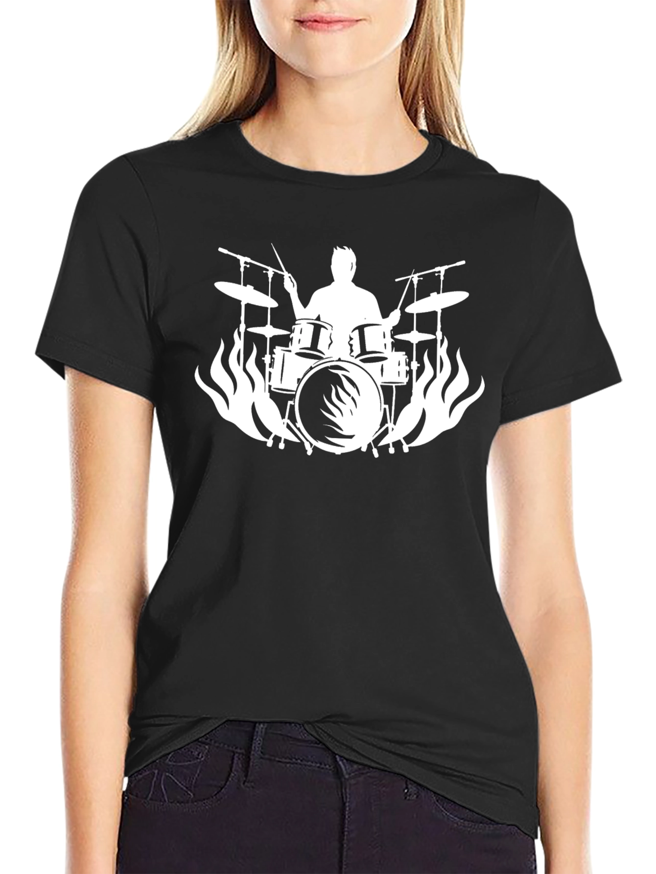 Drummer Silhouette Flames Graphic Tee - Rocker Style Shirt
