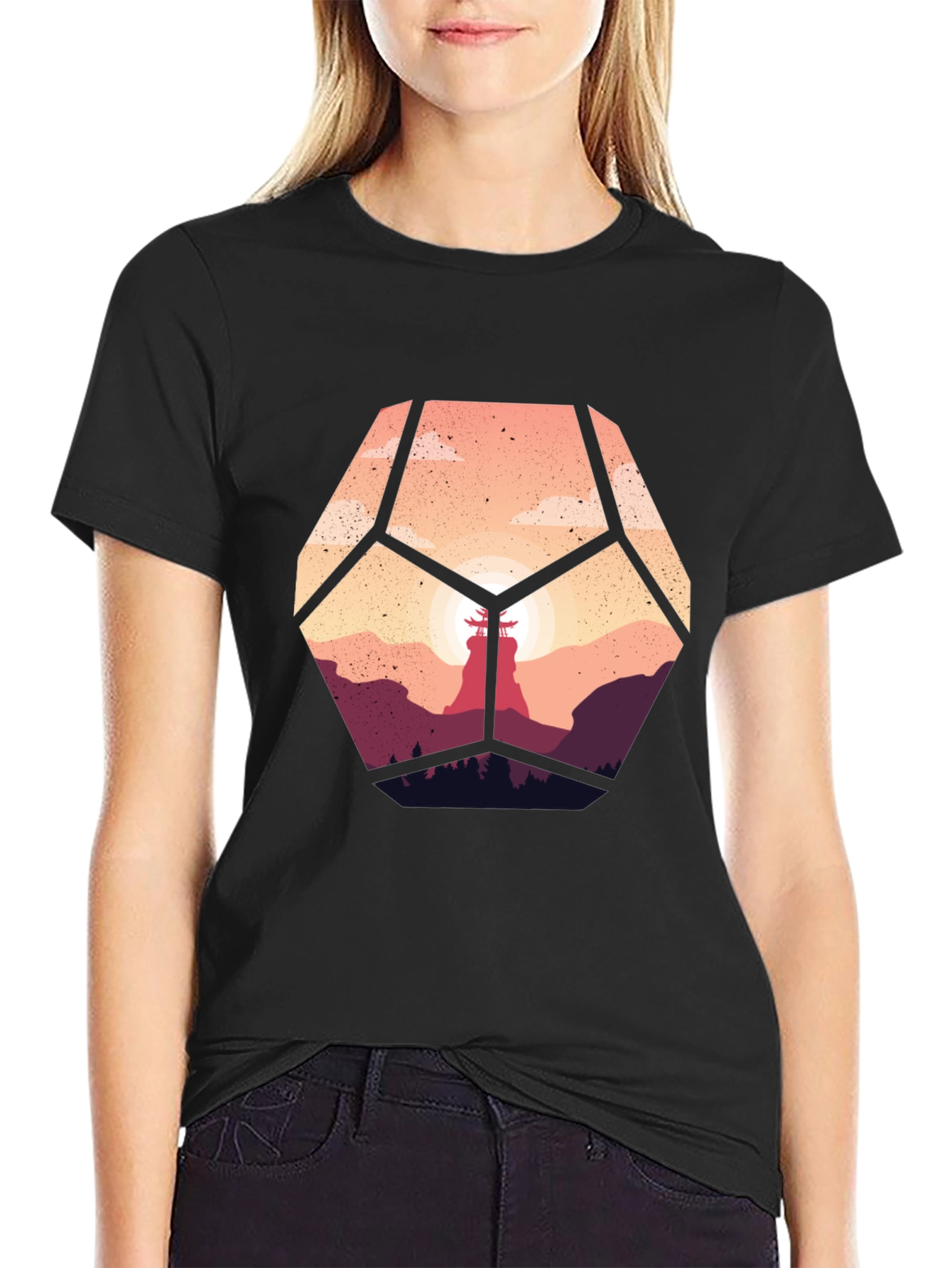 Geometric Sunset Graphic Tee - Stylish Mens Black T-Shirt