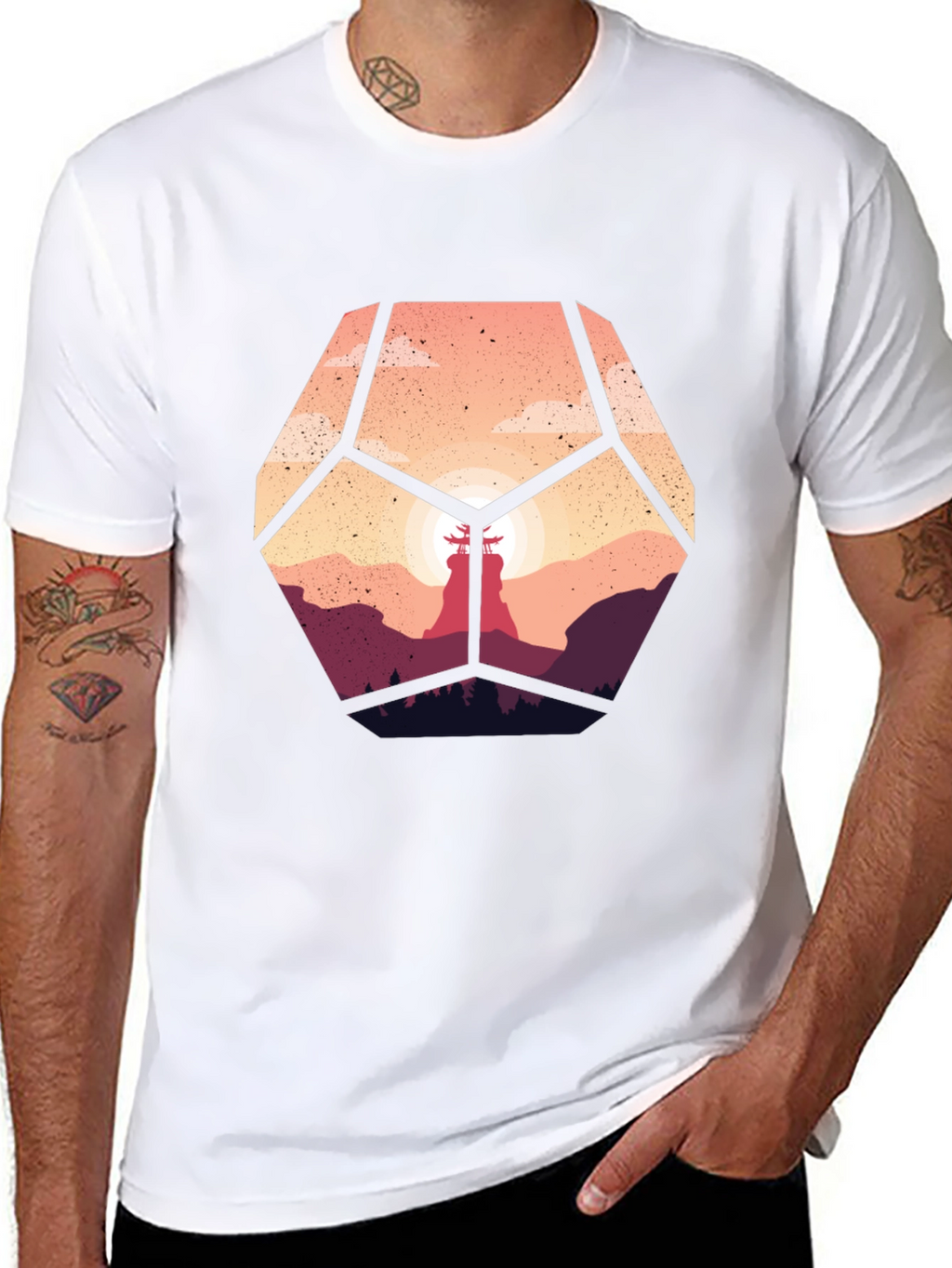 Geometric Sunset Graphic Tee - Stylish Mens Black T-Shirt