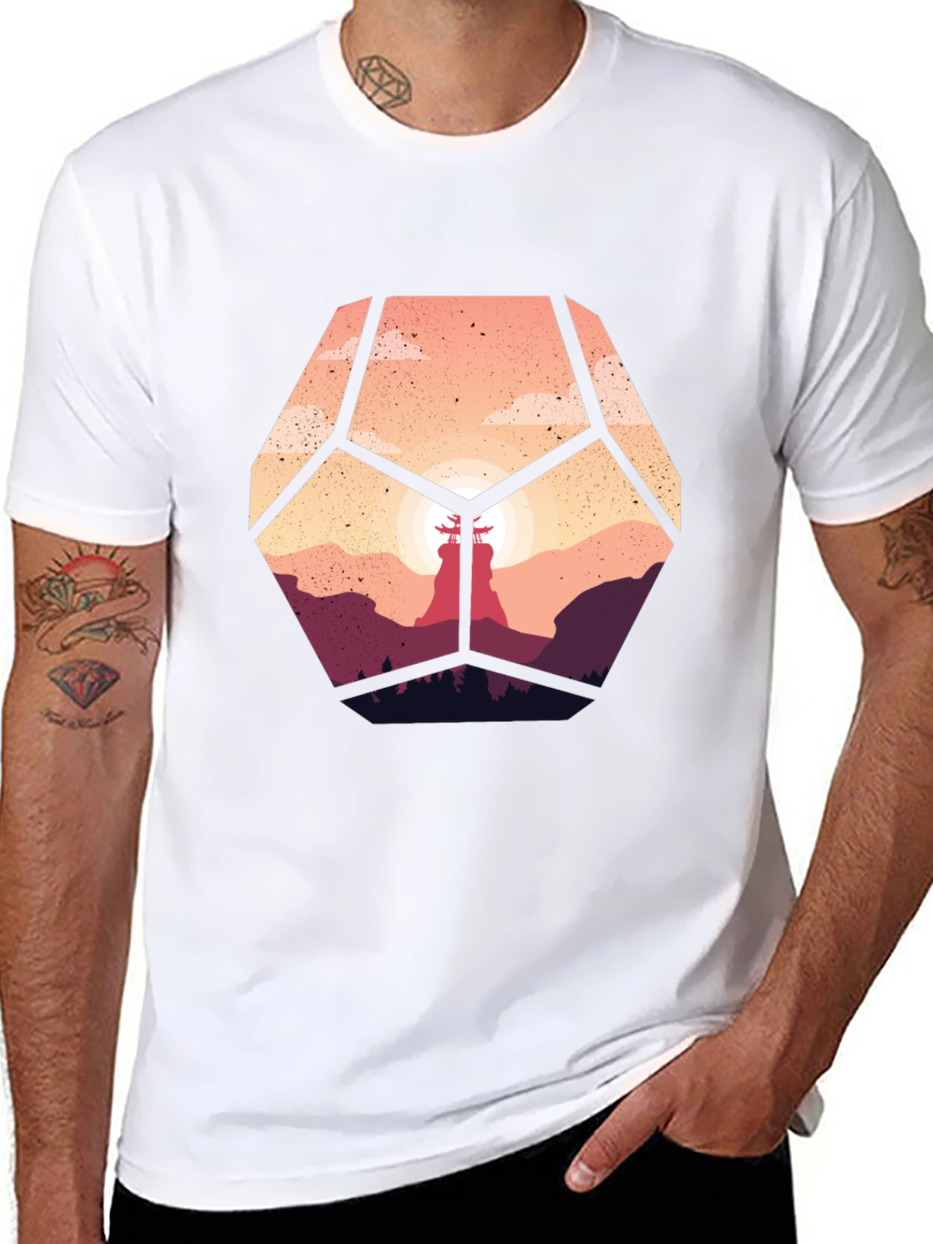 Geometric Sunset Graphic Tee - Stylish Mens Black T-Shirt