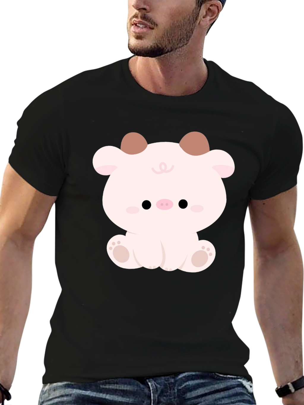 Cute Cartoon Animal Graphic Black T-Shirt
