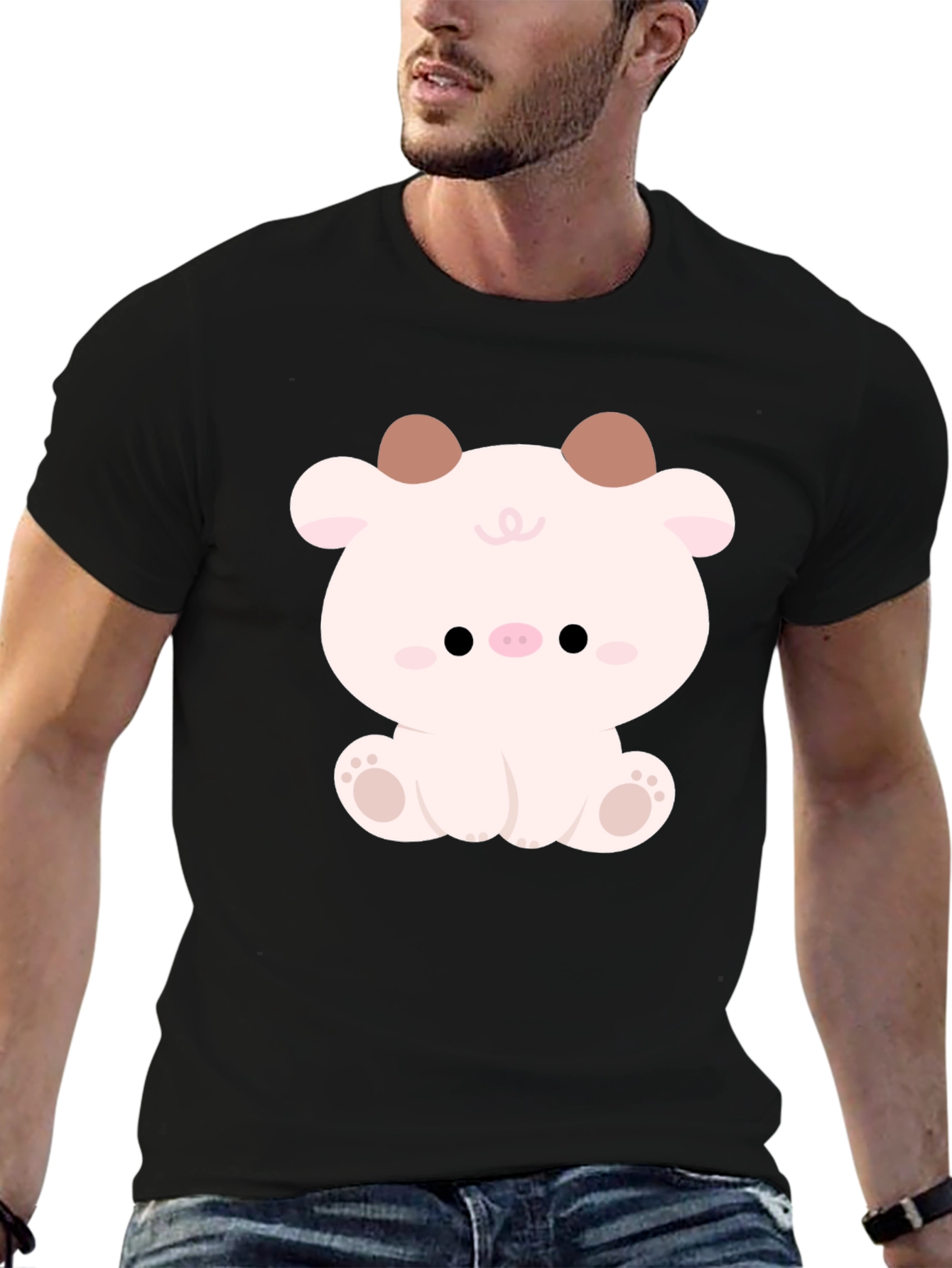 Cute Cartoon Animal Graphic Black T-Shirt