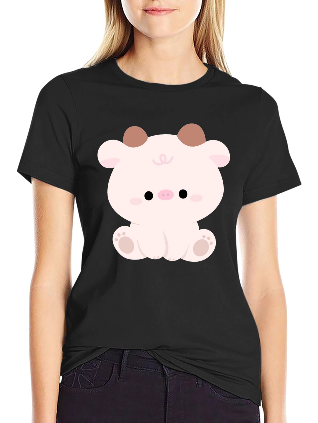 Cute Cartoon Animal Graphic Black T-Shirt