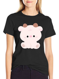 Cute Cartoon Animal Graphic Black T-Shirt