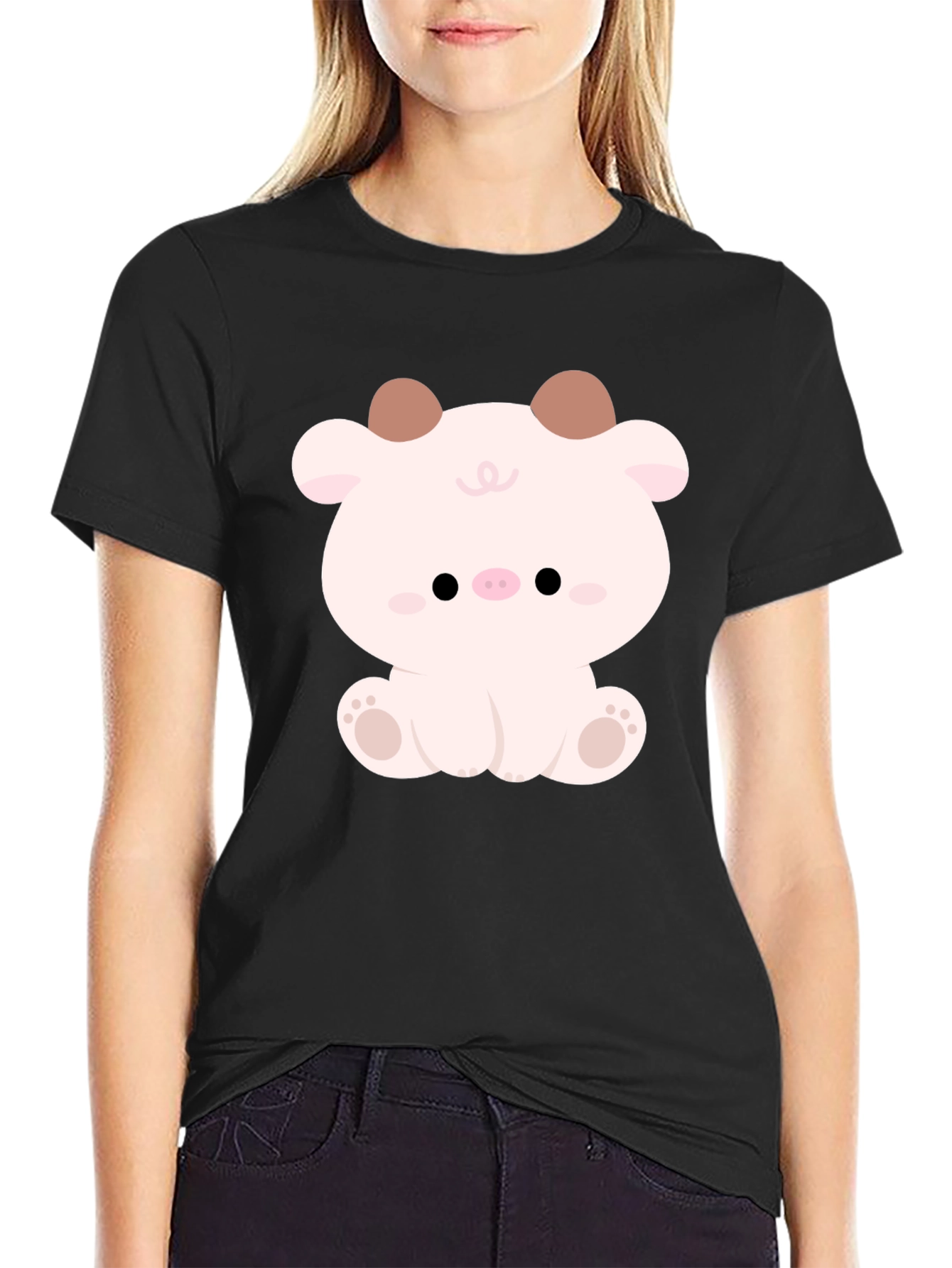 Cute Cartoon Animal Graphic Black T-Shirt