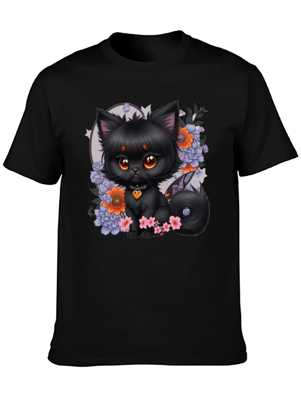 Whimsical Black Cat Floral T-Shirt