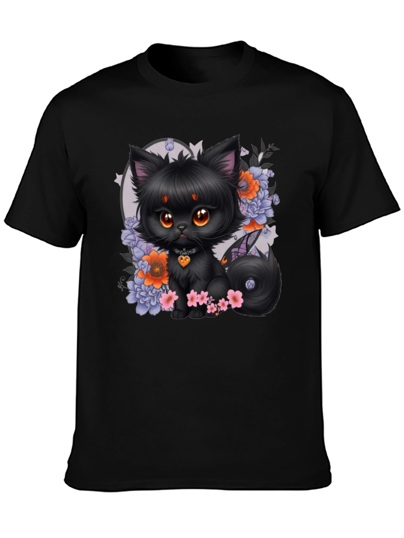 Whimsical Black Cat Floral T-Shirt