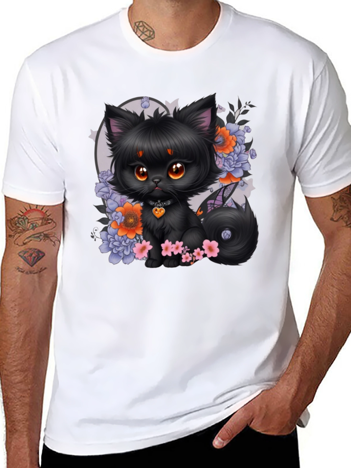 Whimsical Black Cat Floral T-Shirt