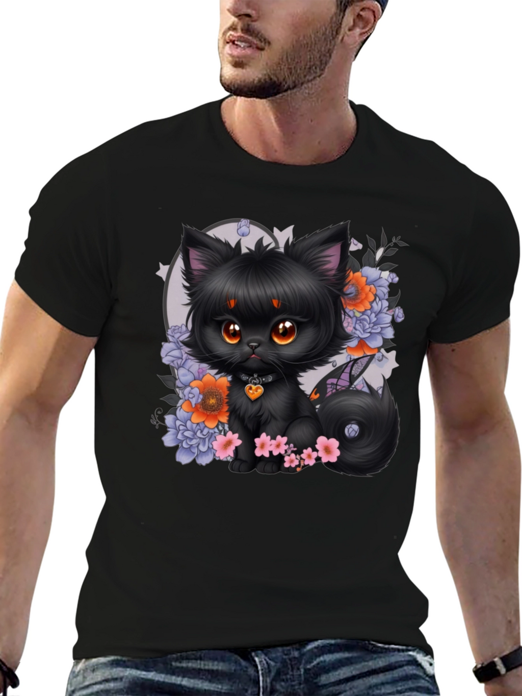 Whimsical Black Cat Floral T-Shirt