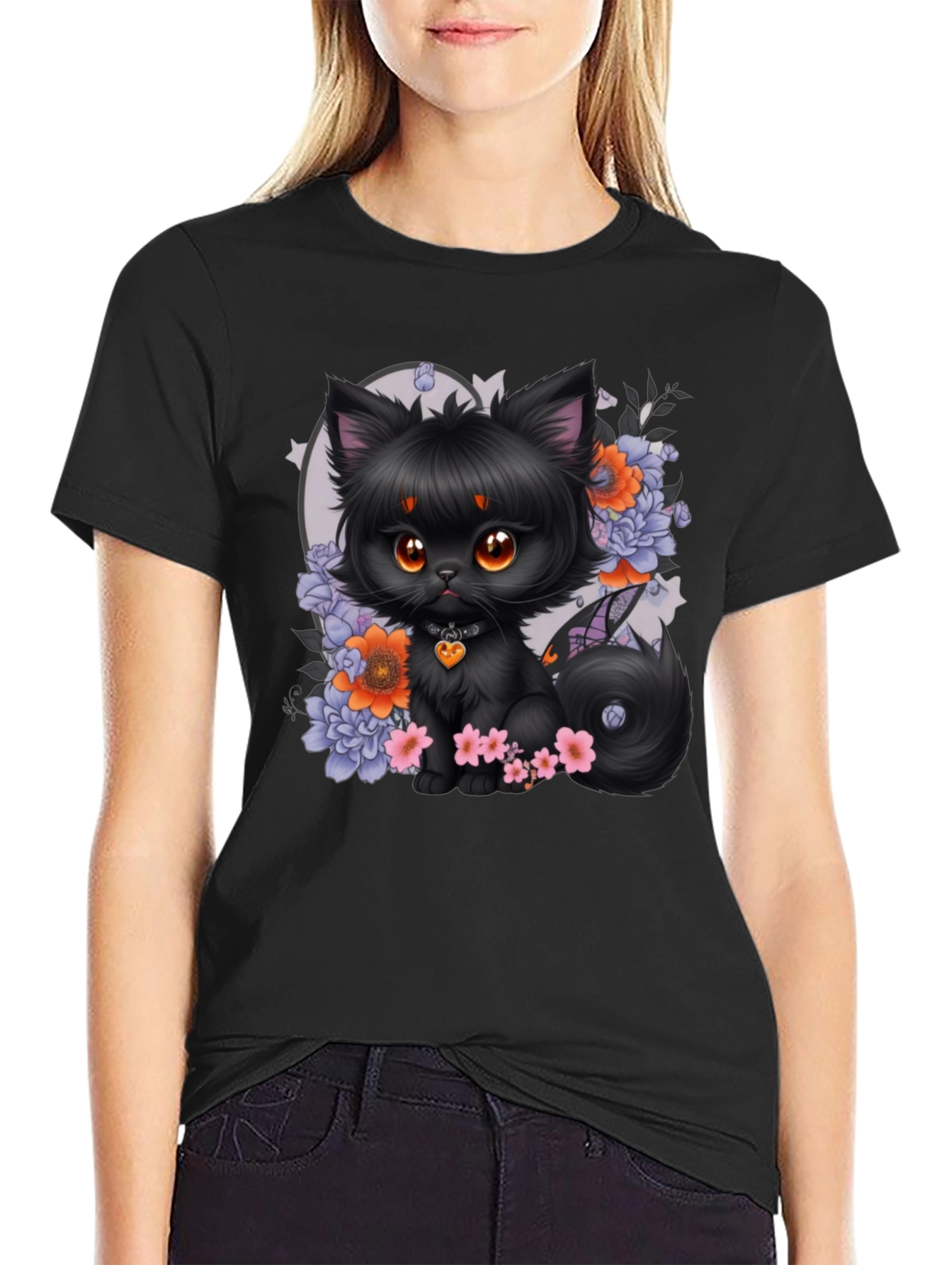 Whimsical Black Cat Floral T-Shirt