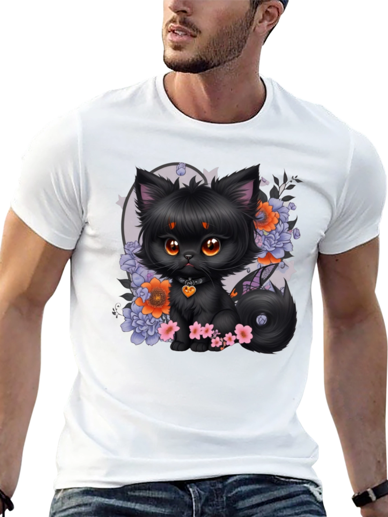 Whimsical Black Cat Floral T-Shirt