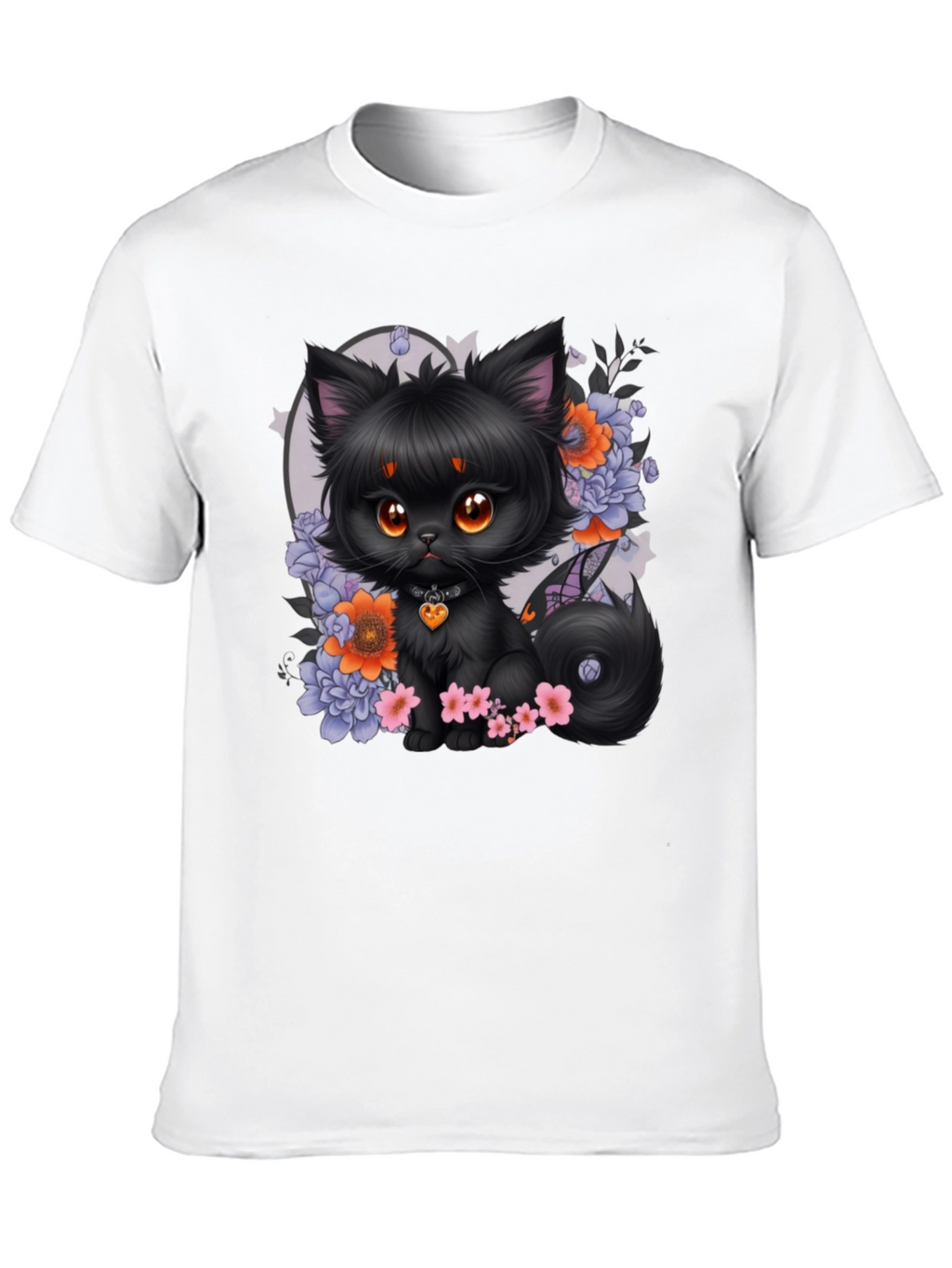 Whimsical Black Cat Floral T-Shirt